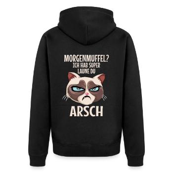 Morgenmuffel Katze Lustiger Spruch - Unisex Premium Bio Zip Hoodie - Schwarz - Hinten - Nico (187cm)