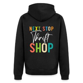 Nächster Halt Secondhand-Shop Sparsame Schnäppchenjagd - Unisex Premium Bio Zip Hoodie - Schwarz - Hinten - Nico (187cm)
