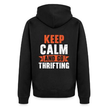 Bleiben Sie ruhig und gehen Sie sparsam auf Königinnen-Schnäppchenjagd - Unisex Premium Bio Zip Hoodie - Schwarz - Hinten - Nico (187cm)