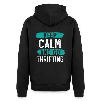 Bleiben Sie ruhig und gehen Sie sparsam auf Königinnen-Schnäppchenjagd - Unisex Premium Bio Zip Hoodie - Schwarz - Hinten - Nico (187cm)