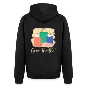 Gone Thriftin' Thrifting Queen Schnäppchenjagd - Unisex Premium Bio Zip Hoodie - Schwarz - Hinten - Nico (187cm)