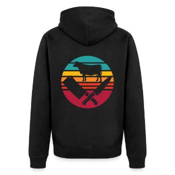 Butcher And Meat Cutter In Vintage Sunset - Unisex Premium Bio Zip Hoodie - Schwarz - Hinten - Nico (187cm)
