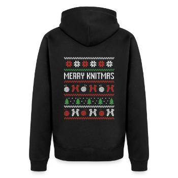 Stricken Nähen Hässlicher Weihnachtspullover Merry - Unisex Premium Bio Zip Hoodie - Schwarz - Hinten - Nico (187cm)