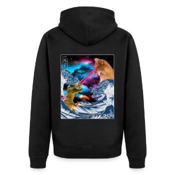 Japan Comic Great Wave Cat Vs Dinoaur T-Rex Otaku - Unisex Premium Bio Zip Hoodie - Schwarz - Hinten - Nico (187cm)