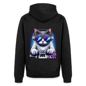 Cat DJ mit Kopfhörern und Brille auf Synthetizer - Unisex Premium Bio Zip Hoodie - Schwarz - Hinten - Nico (187cm)