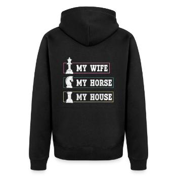 My Wife My Horse My House lustiges Schach - Unisex Premium Bio Zip Hoodie - Schwarz - Hinten - Nico (187cm)