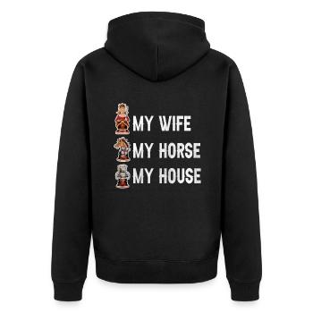 My Wife My Horse My House lustiges Schach - Unisex Premium Bio Zip Hoodie - Schwarz - Hinten - Nico (187cm)