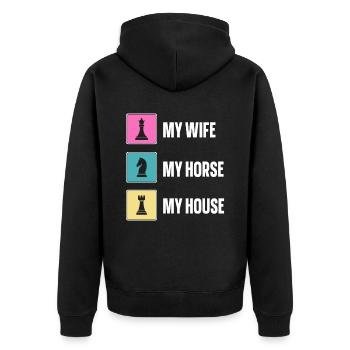 My Wife My Horse My House lustiges Schach - Unisex Premium Bio Zip Hoodie - Schwarz - Hinten - Nico (187cm)