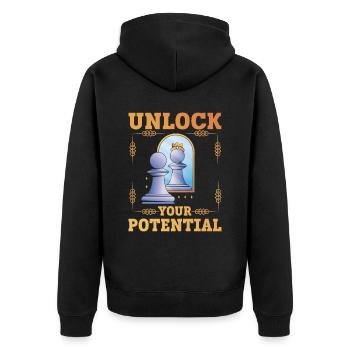 Unlock Your Potential lustiges Schach - Unisex Premium Bio Zip Hoodie - Schwarz - Hinten - Nico (187cm)
