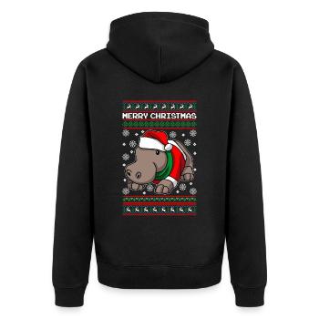 Nilpferd mit Ugly Christmas Sweater - Unisex Premium Bio Zip Hoodie - Schwarz - Hinten - Nico (187cm)