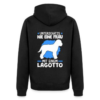 Frau mit Lagotto Romagnolo Trüffelhund - Unisex Premium Bio Zip Hoodie - Schwarz - Hinten - Nico (187cm)