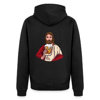Jesus mit Bierkrug - Unisex Premium Bio Zip Hoodie - Schwarz - Hinten - Nico (187cm)