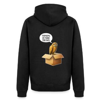 Weise Eule auf Schachtel Lustiger Spruch - Unisex Premium Bio Zip Hoodie - Schwarz - Hinten - Nico (187cm)