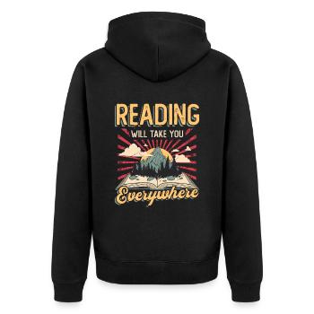 Lesen Bringt Dich Überall Hin, Buch Lesen - Unisex Premium Bio Zip Hoodie - Schwarz - Hinten - Nico (187cm)
