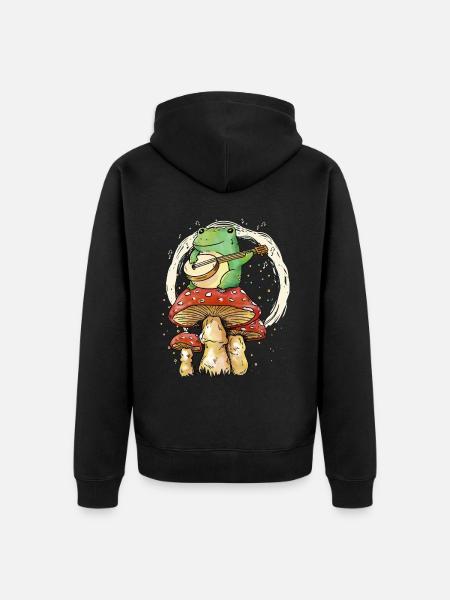 Frø spiller banjo musik cottagecore æstetik - Premium økologisk unisex-hættejakke - sort