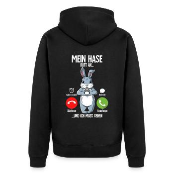 Mein Hase Ruft An - Unisex Premium Bio Zip Hoodie - Schwarz - Hinten - Nico (187cm)