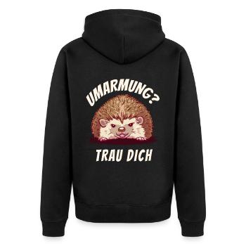 Umarmung? Trau Dich Igel - Unisex Premium Bio Zip Hoodie - Schwarz - Hinten - Nico (187cm)