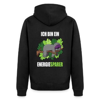 Faultier Ich bin ein Energiesparer Spruch - Unisex Premium Bio Zip Hoodie - Schwarz - Hinten - Nico (187cm)