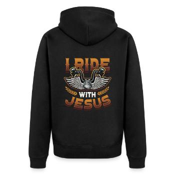 I ride with Jesus, motorcycle, biker, Christian - Unisex Premium Organic Zip Hoodie - black - Back - Nico (187cm)