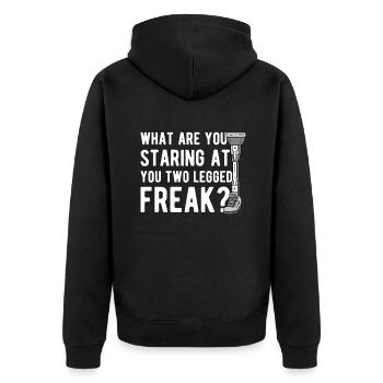 Beinprothese What Are You Staring At - Unisex Premium Bio Zip Hoodie - Schwarz - Hinten - Nico (187cm)