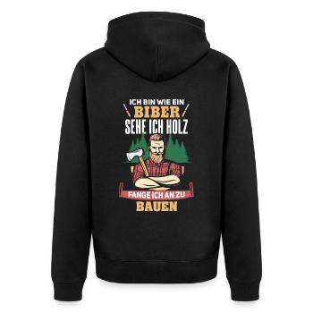 Lustiger Holzhacker Waldarbeiter Spruch - Unisex Premium Bio Zip Hoodie - Schwarz - Hinten - Nico (187cm)