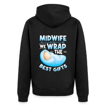 Hebamme Wir Verpacken Die Besten Geschenke - Unisex Premium Bio Zip Hoodie - Schwarz - Hinten - Nico (187cm)