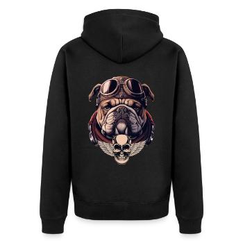 English Bulldog Biker Motorcyle Aviator Helmet Dog - Unisex Premium Bio Zip Hoodie - Schwarz - Hinten - Nico (187cm)