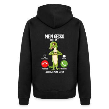 Mein Gecko Ruft An - Unisex Premium Bio Zip Hoodie - Schwarz - Hinten - Nico (187cm)