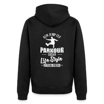 Run Jump Fly Parkour Urban Life Style Sport - Unisex Premium Organic Zip Hoodie - black - Back - Nico (187cm)