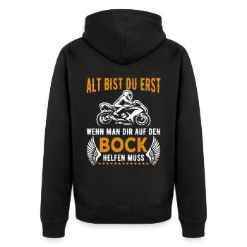 Motorrad Motorradfahrer Biker Bikerin - Unisex Premium Bio Zip Hoodie - Schwarz - Hinten - Nico (187cm)