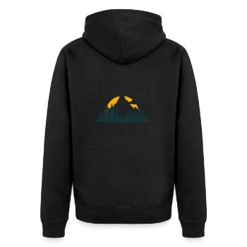 Berg Wald Bäume und aufgehende/untergehende Sonne - Unisex Premium Bio Zip Hoodie - Schwarz - Hinten - Nico (187cm)