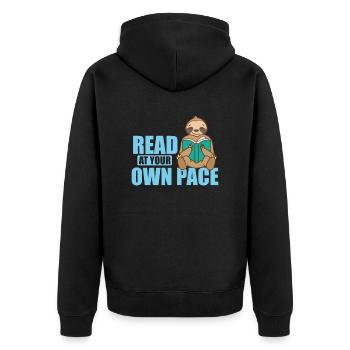 Read at your own Pace Faultier faul Umwelt - Unisex Premium Bio Zip Hoodie - Schwarz - Hinten - Nico (187cm)