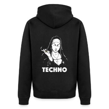 Techno Religion Techno Nun House DJ - Unisex Premium Bio Zip Hoodie - Schwarz - Hinten - Nico (187cm)