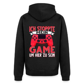 Ich Stoppte mein Game um hier zu sein Zocker - Unisex Premium Bio Zip Hoodie - Schwarz - Hinten - Nico (187cm)