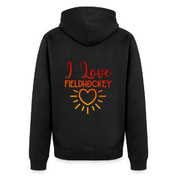 Ich liebe Fieldhockey - Unisex Premium Bio Zip Hoodie - Schwarz - Hinten - Nico (187cm)