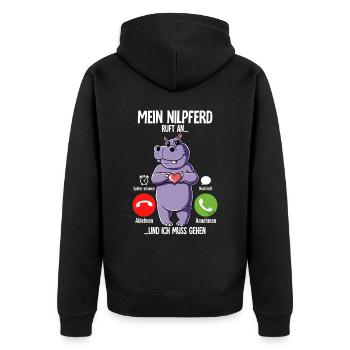 Mein Nilpferd Ruft An - Unisex Premium Bio Zip Hoodie - Schwarz - Hinten - Nico (187cm)