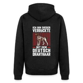 Ich bin die Verrückte mit dem Deutsch Drahthaar - Unisex Premium Bio Zip Hoodie - Schwarz - Hinten - Nico (187cm)