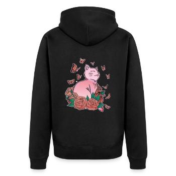 Chat, fleurs, papillons, amoureux des chats - Veste à capuche bio Premium Unisexe - noir - Dos - Nico (187cm)