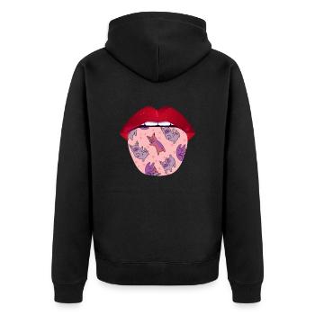 French Bulldog Zunge - Unisex Premium Bio Zip Hoodie - Schwarz - Hinten - Nico (187cm)