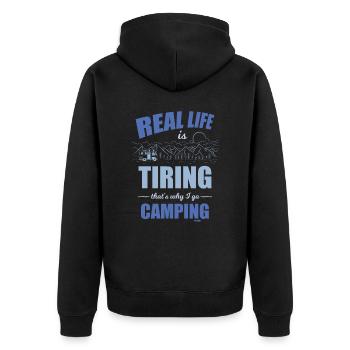 real life is boring I'm going camping - Unisex Premium Organic Zip Hoodie - black - Back - Nico (187cm)