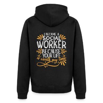 Ich wurde Sozialarbeiter - Unisex Premium Bio Zip Hoodie - Schwarz - Hinten - Nico (187cm)