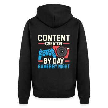 Content Creator von Day Gamer von Night Influencer - Unisex Premium Bio Zip Hoodie - Schwarz - Hinten - Nico (187cm)