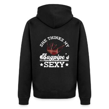 Sie denkt, mein Dudelsack ist sexy - Dudelsack - Unisex Premium Bio Zip Hoodie - Schwarz - Hinten - Nico (187cm)