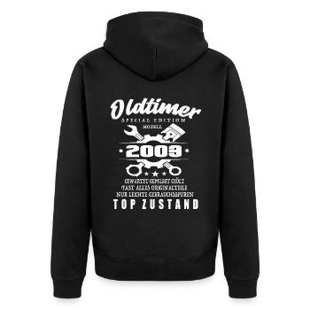 Oldtimer Special Edition Modell 2003 - Unisex Premium Bio Zip Hoodie - Schwarz - Hinten - Nico (187cm)