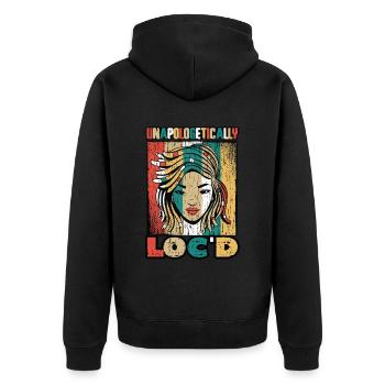 Unapologetisch Gelockte Dreadlocks Melanin Schwarz - Unisex Premium Bio Zip Hoodie - Schwarz - Hinten - Nico (187cm)