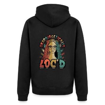 Unapologetisch Gelockte Dreadlocks Melanin Schwarz - Unisex Premium Bio Zip Hoodie - Schwarz - Hinten - Nico (187cm)