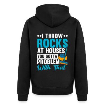 Wirf Steine auf Häuser, mit denen du ein Problem hast - Unisex Premium Bio Zip Hoodie - Schwarz - Hinten - Nico (187cm)
