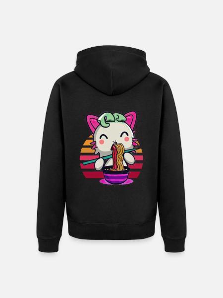 Axolotl cat eats ramen noodles - Unisex Premium Organic Zip Hoodie - black