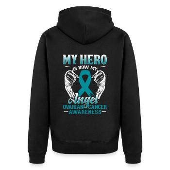 My Hero Is Now My Angel Teal Ribbon Ovarian - Unisex Premium Organic Zip Hoodie - black - Back - Nico (187cm)