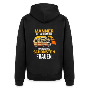 Lustiges Männer mit Wohnmobil Motiv - Unisex Premium Bio Zip Hoodie - Schwarz - Hinten - Nico (187cm)